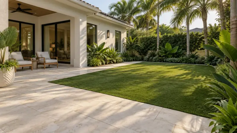 Design concept of a private lawn and stone terrace in a palm-lined garden